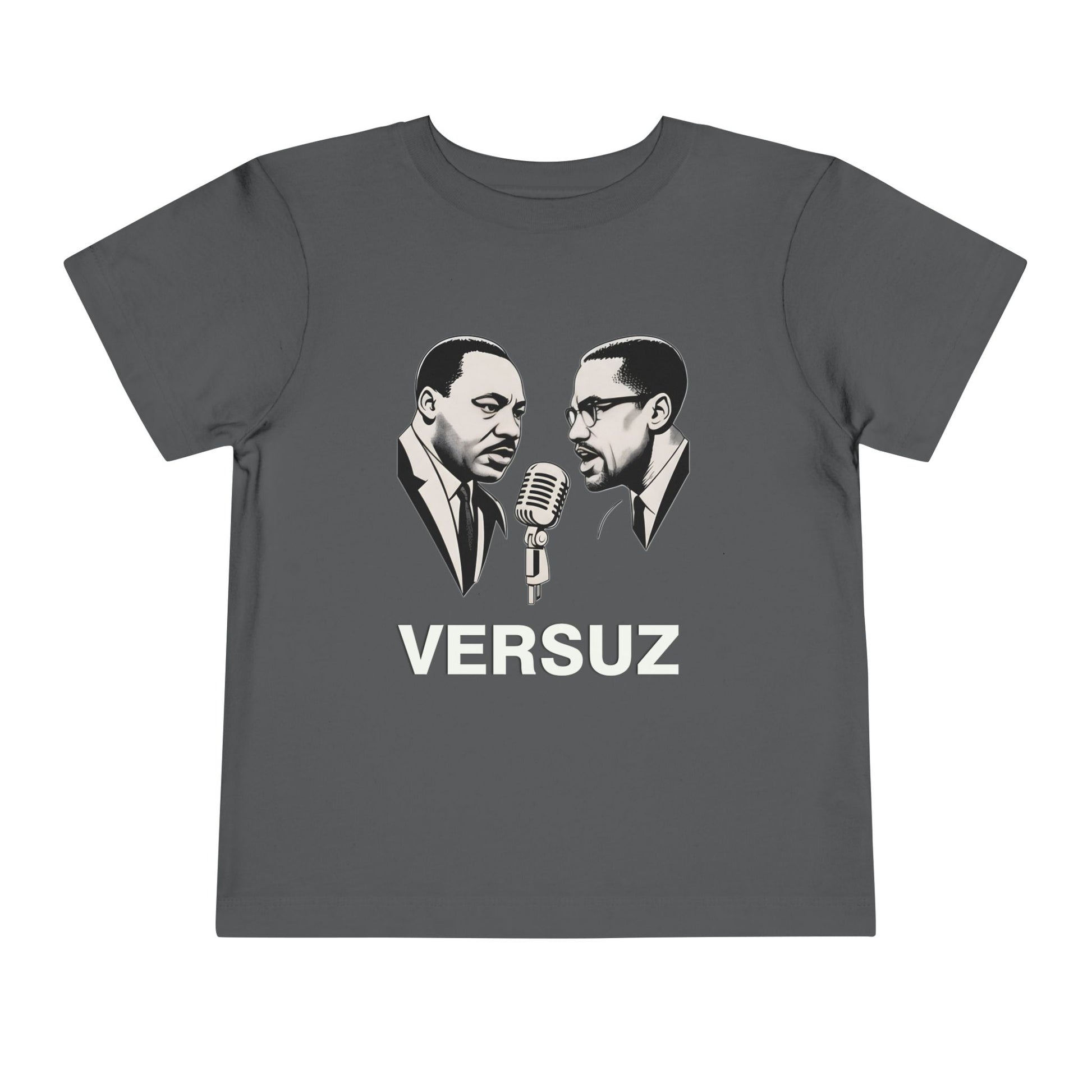 Gray t-shirt with graphic of two men and a microphone, labeled 'VERSUZ', on a white background.