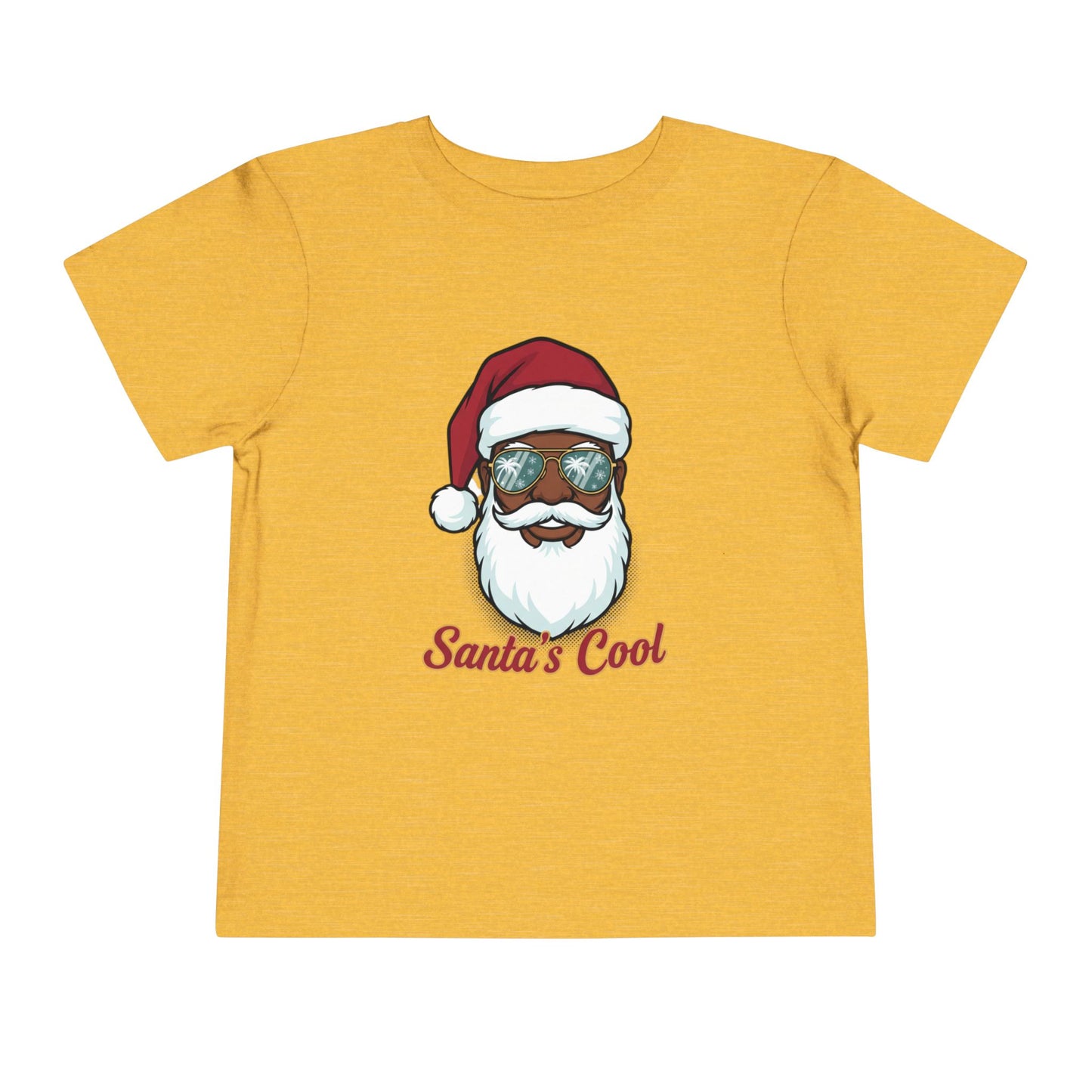 Yellow t-shirt with a graphic of a Santa Claus face wearing sunglasses and the text 'Santa's Cool' on a white background.