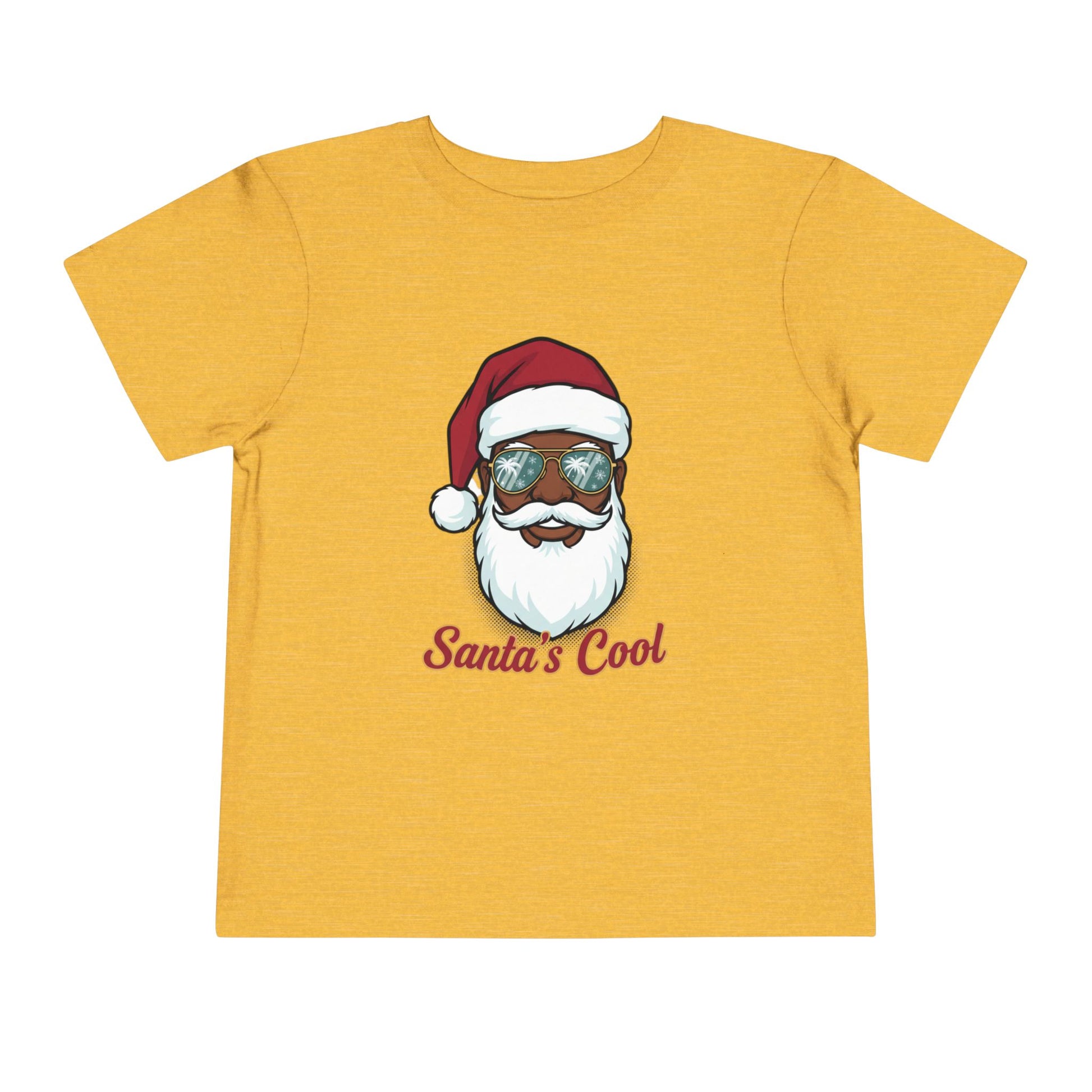 Yellow t-shirt with a graphic of a Santa Claus face wearing sunglasses and the text 'Santa's Cool' on a white background.