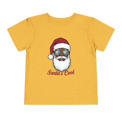 Yellow t-shirt with a graphic of a Santa Claus face wearing sunglasses and the text 'Santa's Cool' on a white background.