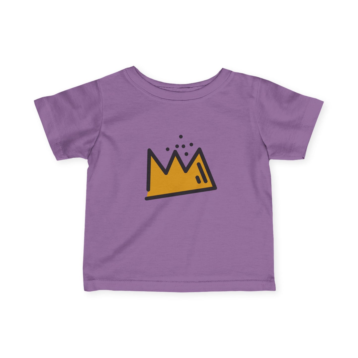 Purple t-shirt with a yellow Basquiat crown graphic on a white background