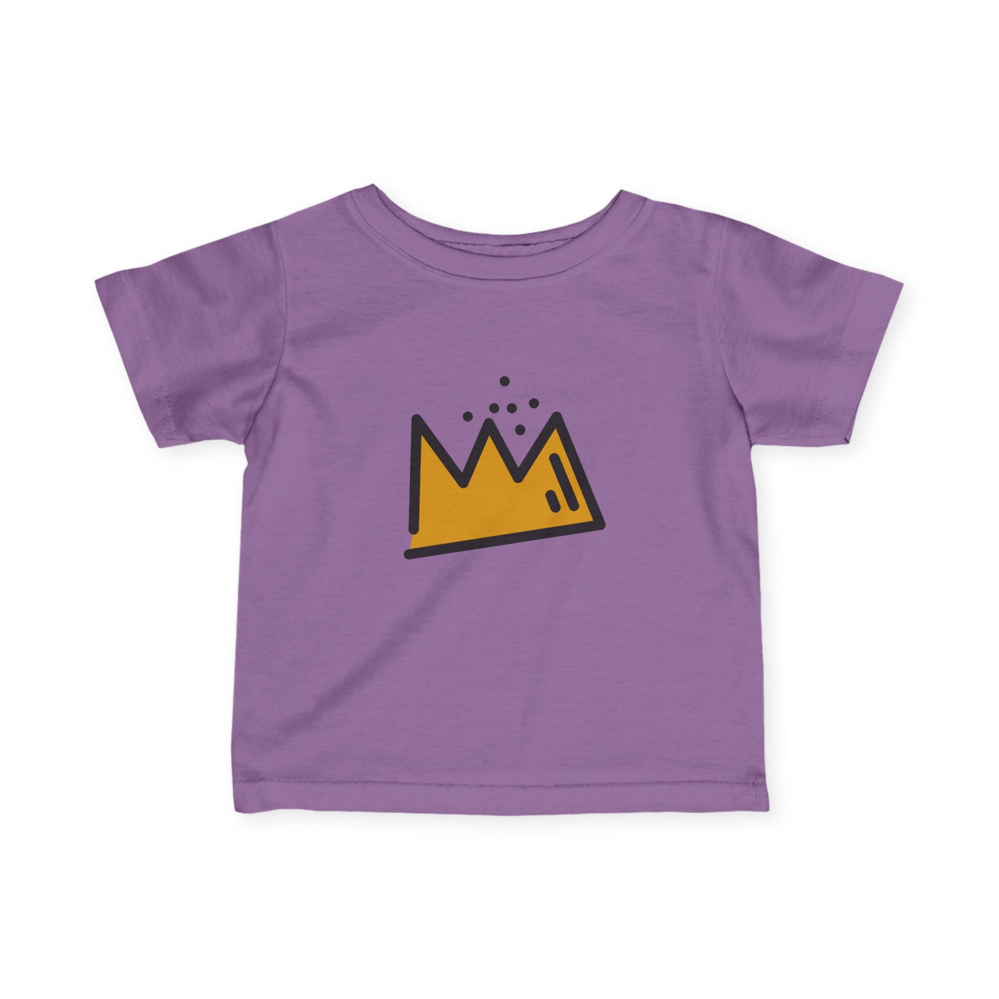 Purple t-shirt with a yellow Basquiat crown graphic on a white background
