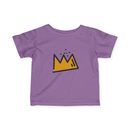 Purple t-shirt with a yellow Basquiat crown graphic on a white background