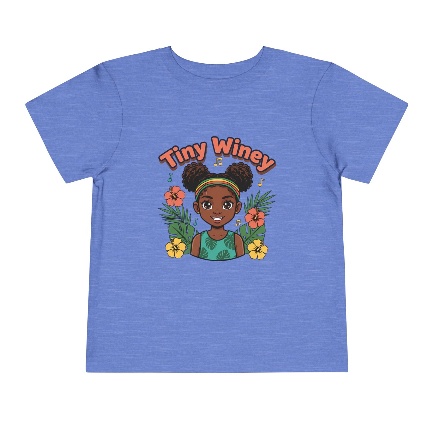 Blue t-shirt with a graphic of a girl and 'Tiny Winey' text on a white background