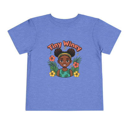 Blue t-shirt with a graphic of a girl and 'Tiny Winey' text on a white background