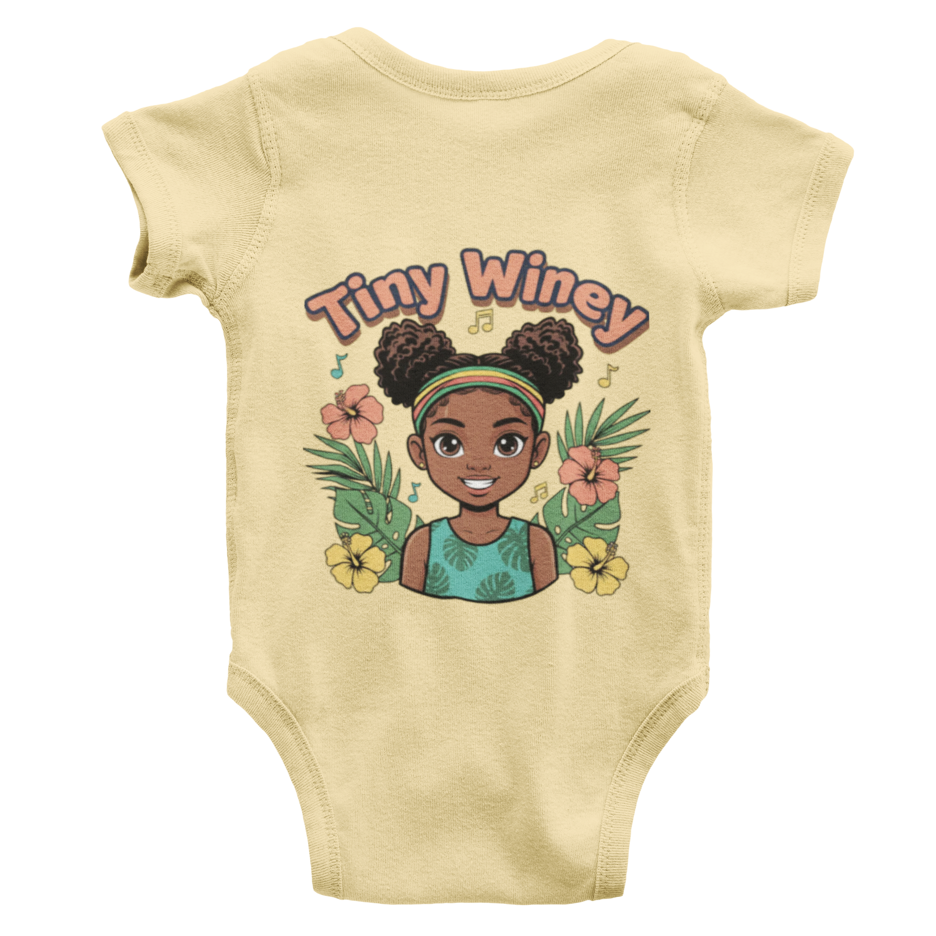 Beige baby onesie with a graphic of a girl and 'Tiny Winey' text on a white background