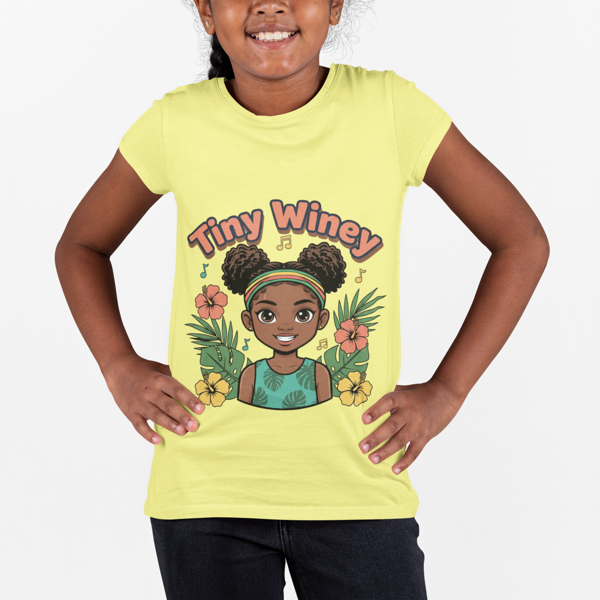 Child wearing a yellow t-shirt with 'Tiny Winey' design on a white background