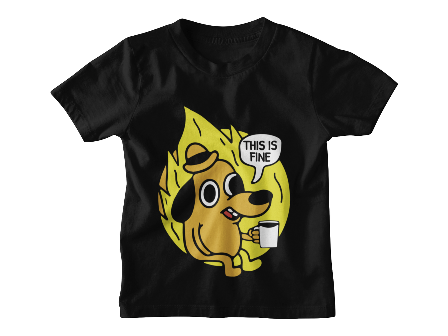 Black t-shirt with a yellow dog graphic and 'This is fine' text on a white background