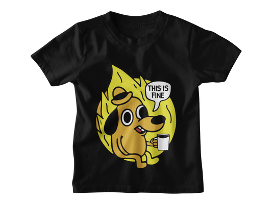 Black t-shirt with a yellow dog graphic and 'This is fine' text on a white background