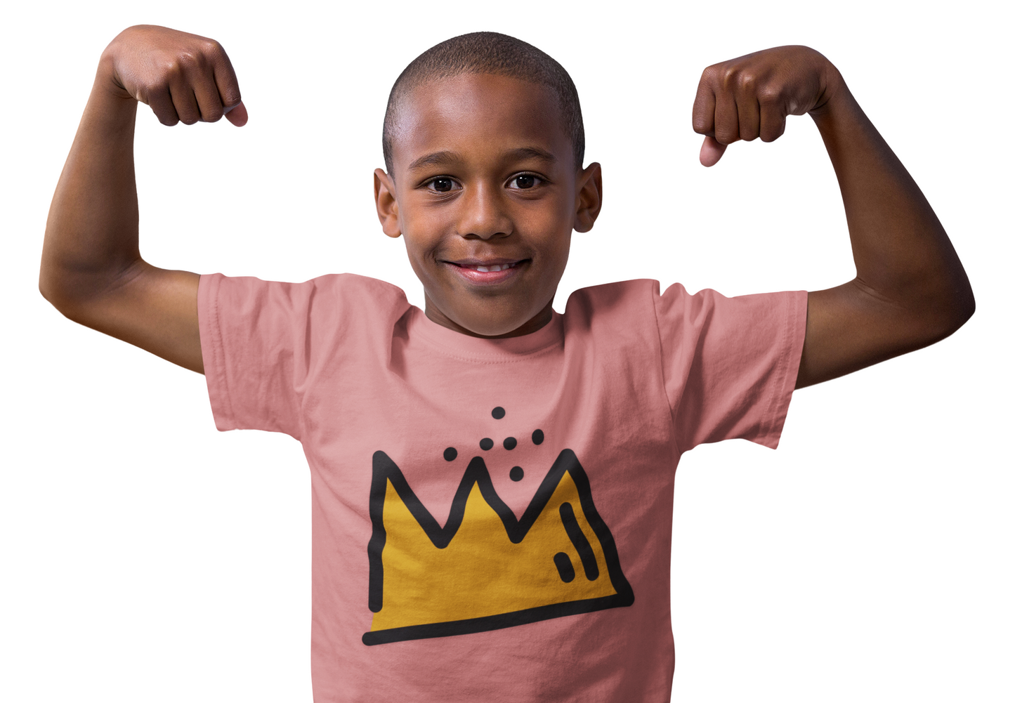 Child wearing a pink t-shirt with a yellow and black graphic design, flexing muscles on a white background