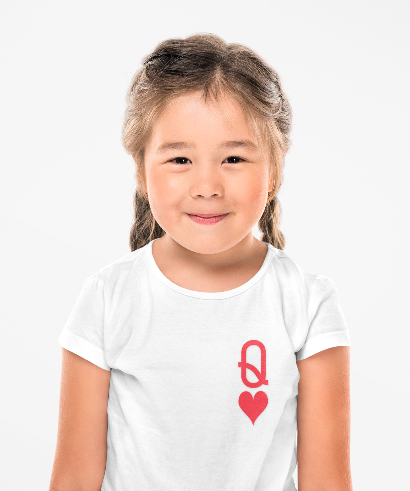 Young girl wearing a white t-shirt with a red queen of hearts logo on a white background