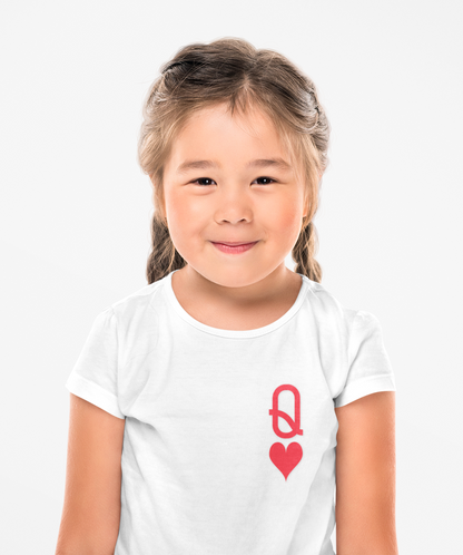 Young girl wearing a white t-shirt with a red queen of hearts logo on a white background