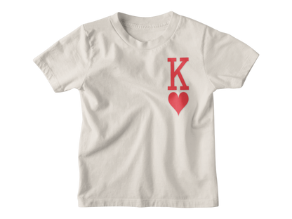 White t-shirt with red 'K' and heart design on a white background