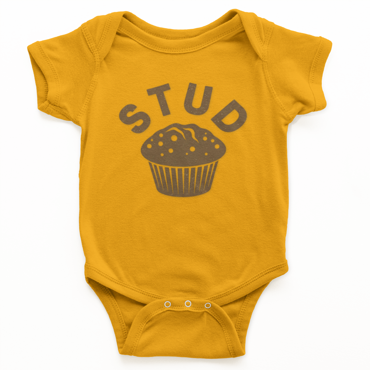 Yellow baby onesie with 'STUD' and a muffin graphic on a white background