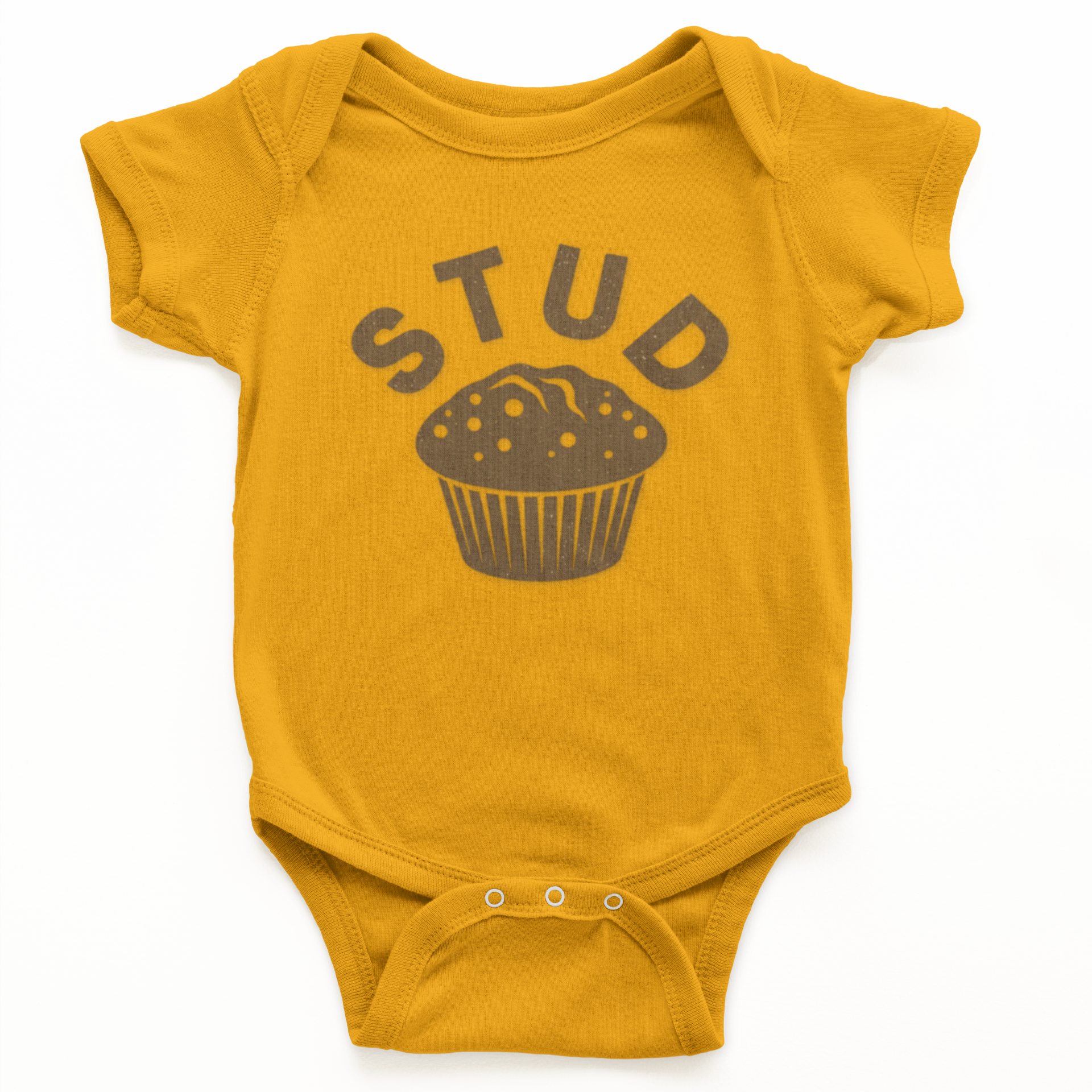 Yellow baby onesie with 'STUD' and a muffin graphic on a white background