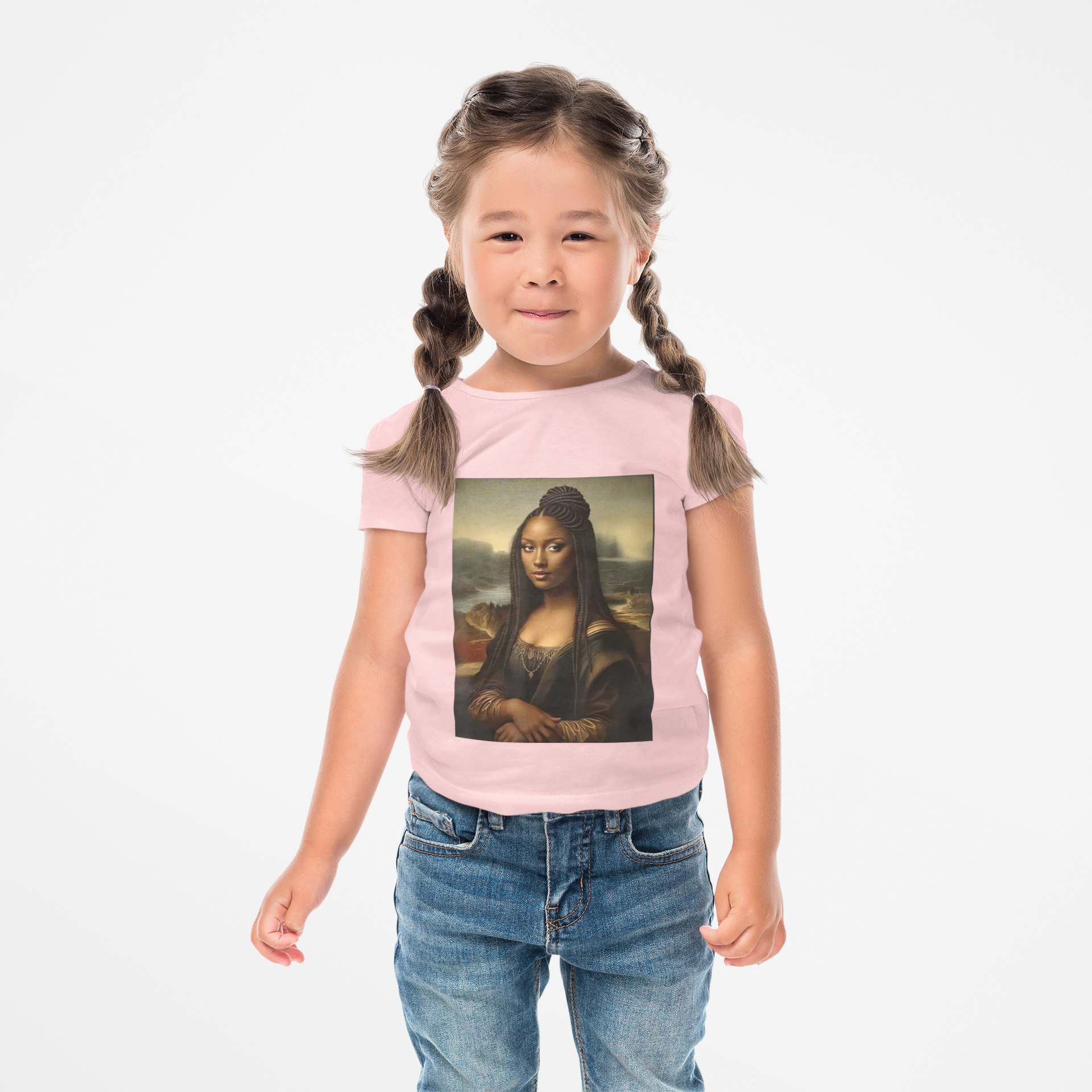 Child wearing a pink t-shirt with a Mona Lisa graphic on a white background