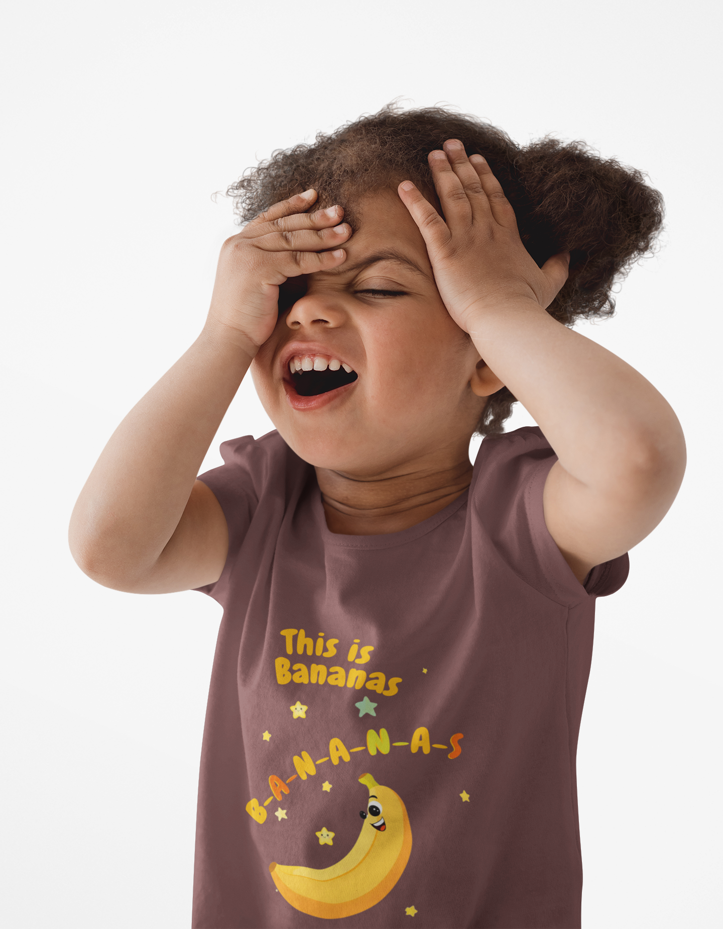 Child wearing a shirt with 'This is Bananas' text and banana graphic on a white background