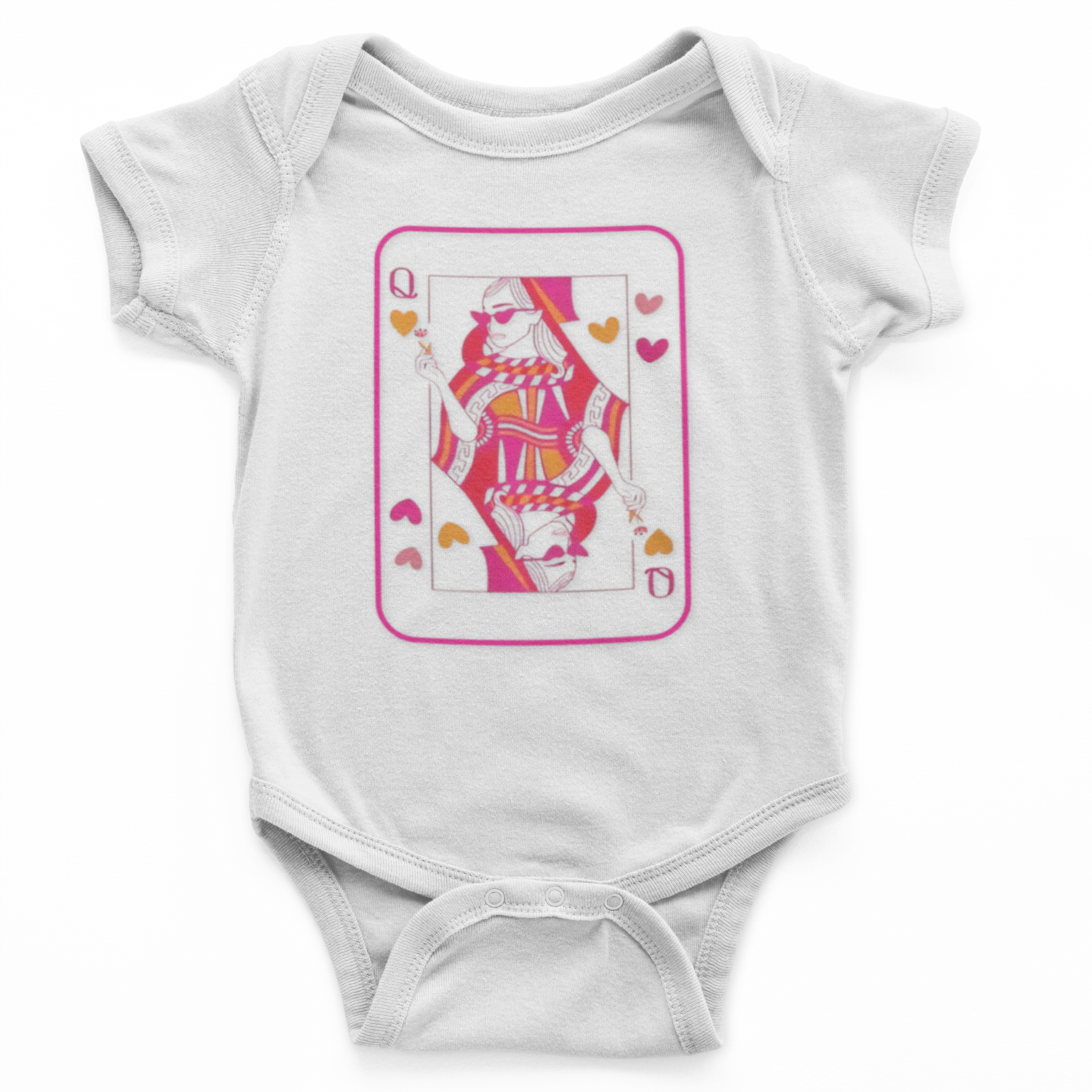 White baby onesie with a graphic of a queen of hearts card design on a white background