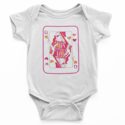 White baby onesie with a graphic of a queen of hearts card design on a white background