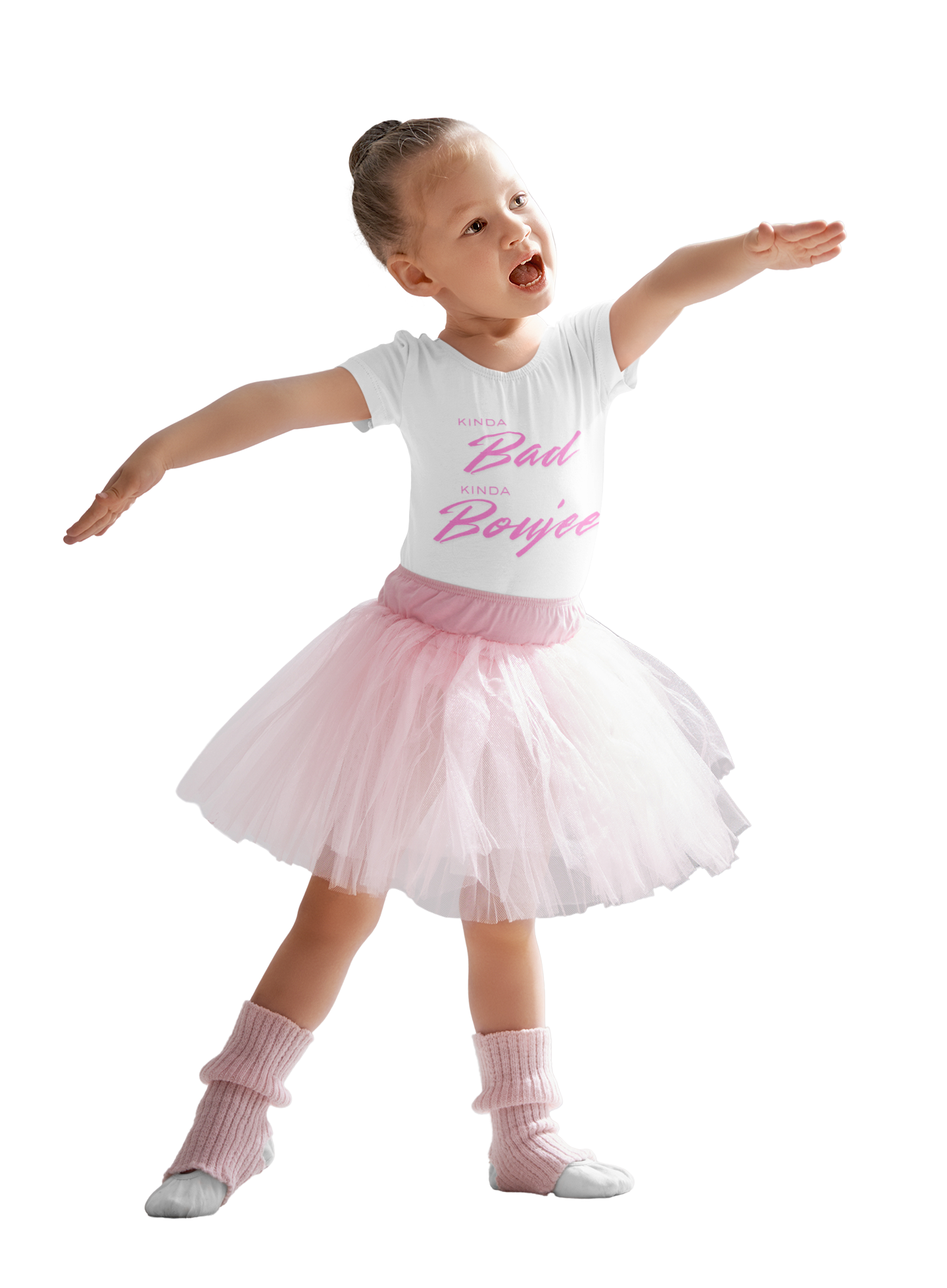 Child wearing a white t-shirt with pink text and a pink tutu skirt on a white background