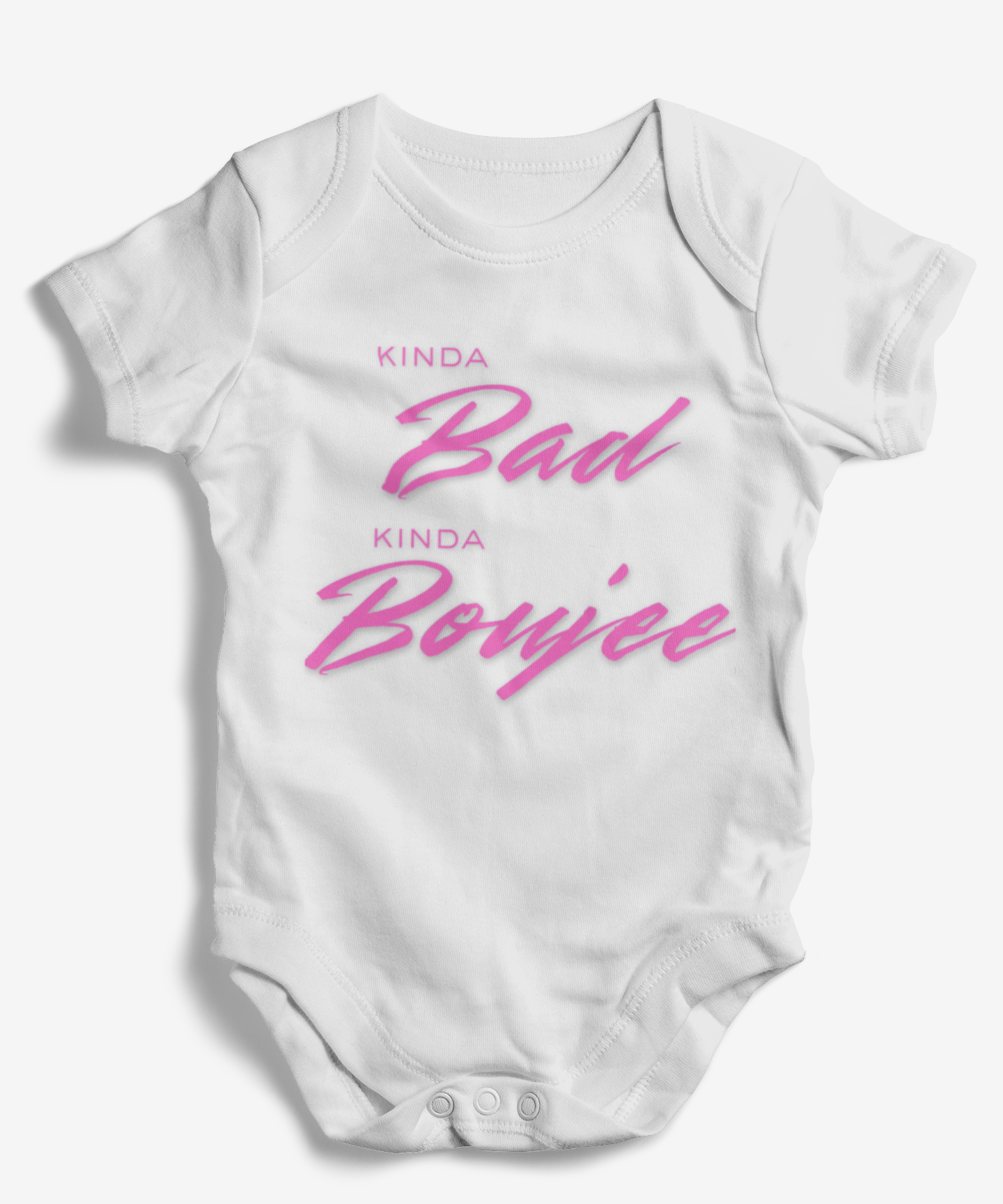 White baby onesie with pink text on a white background