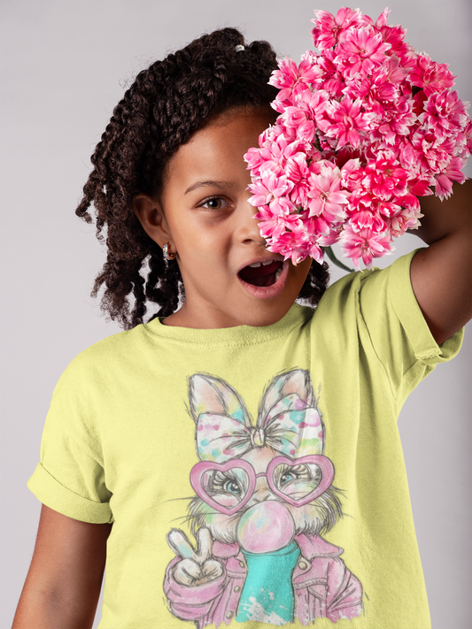 Child wearing a yellow t-shirt with a cartoon character holding pink flowers.