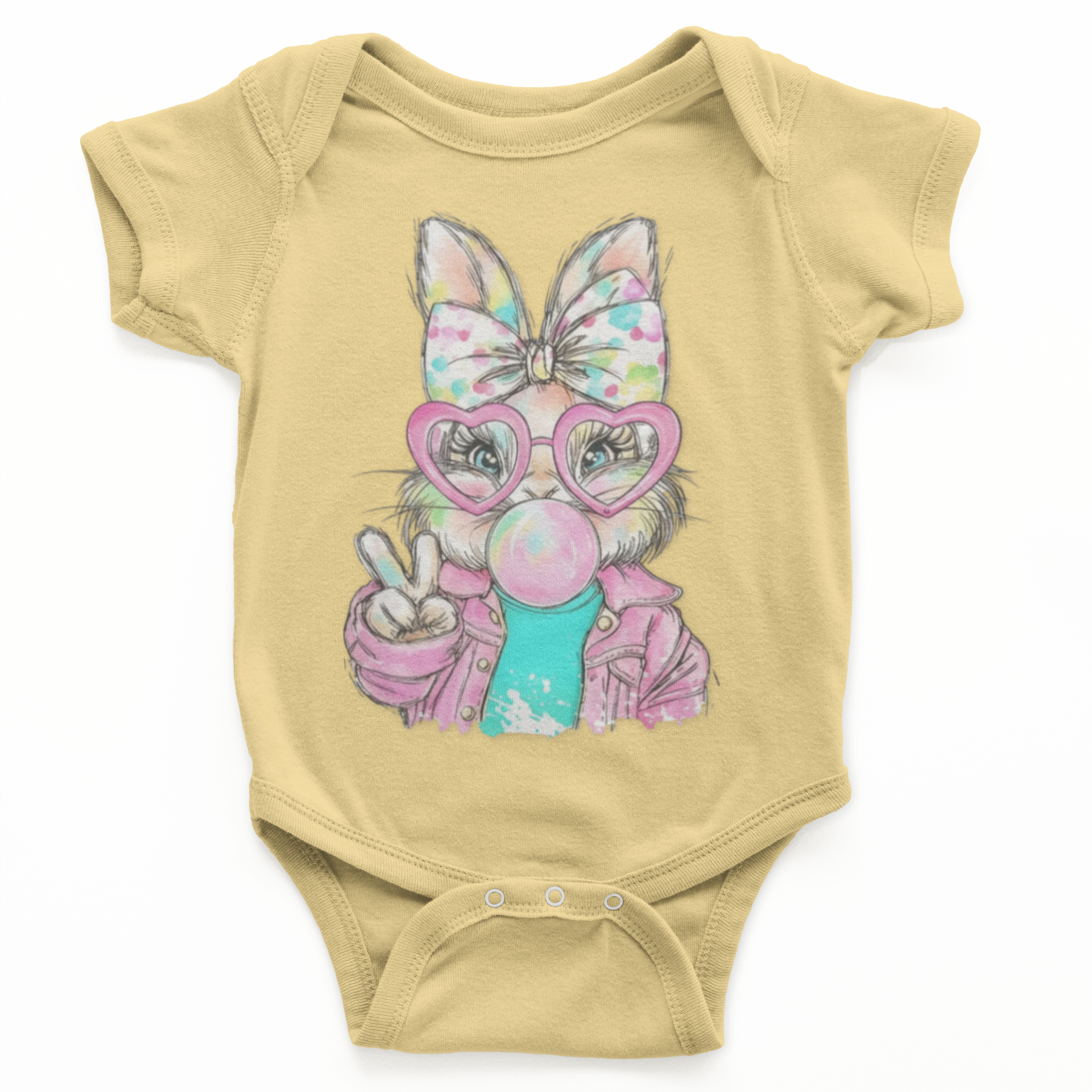 Yellow baby onesie with a cartoon bunny design wearing glasses and holding a bubble gum ball on a white background.