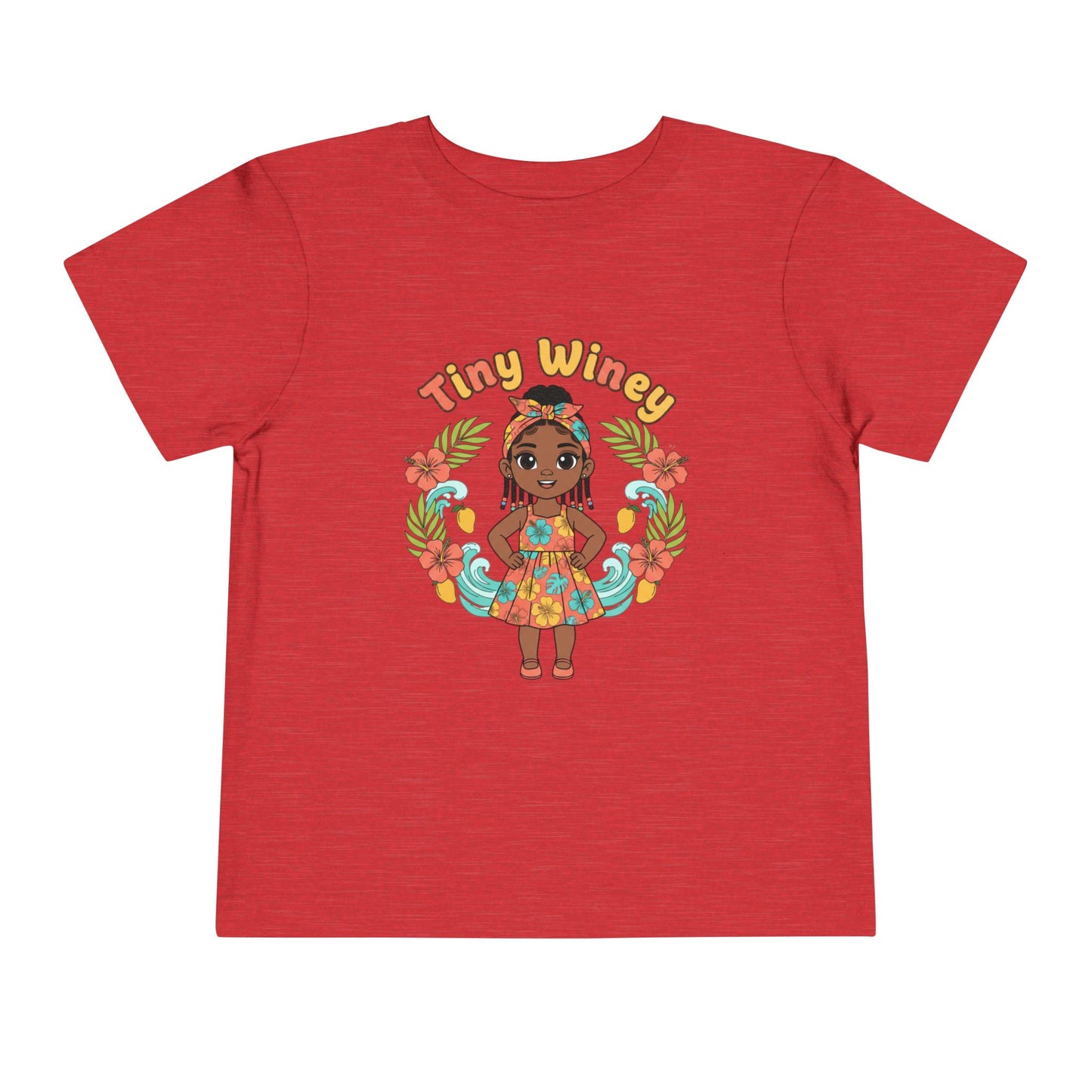 Red t-shirt with a colorful graphic of a girl and 'Tiny Winey' text on a white background