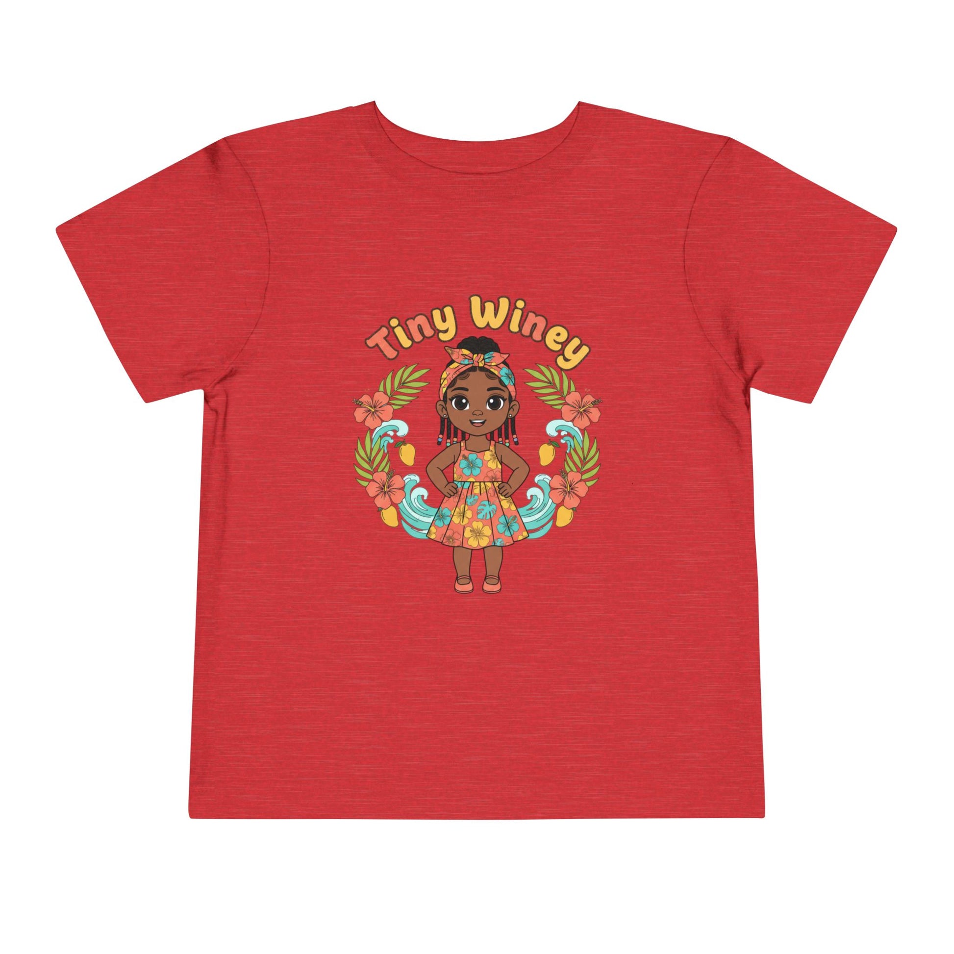 Red t-shirt with a colorful graphic of a girl and 'Tiny Winey' text on a white background