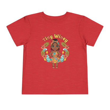 Red t-shirt with a colorful graphic of a girl and 'Tiny Winey' text on a white background