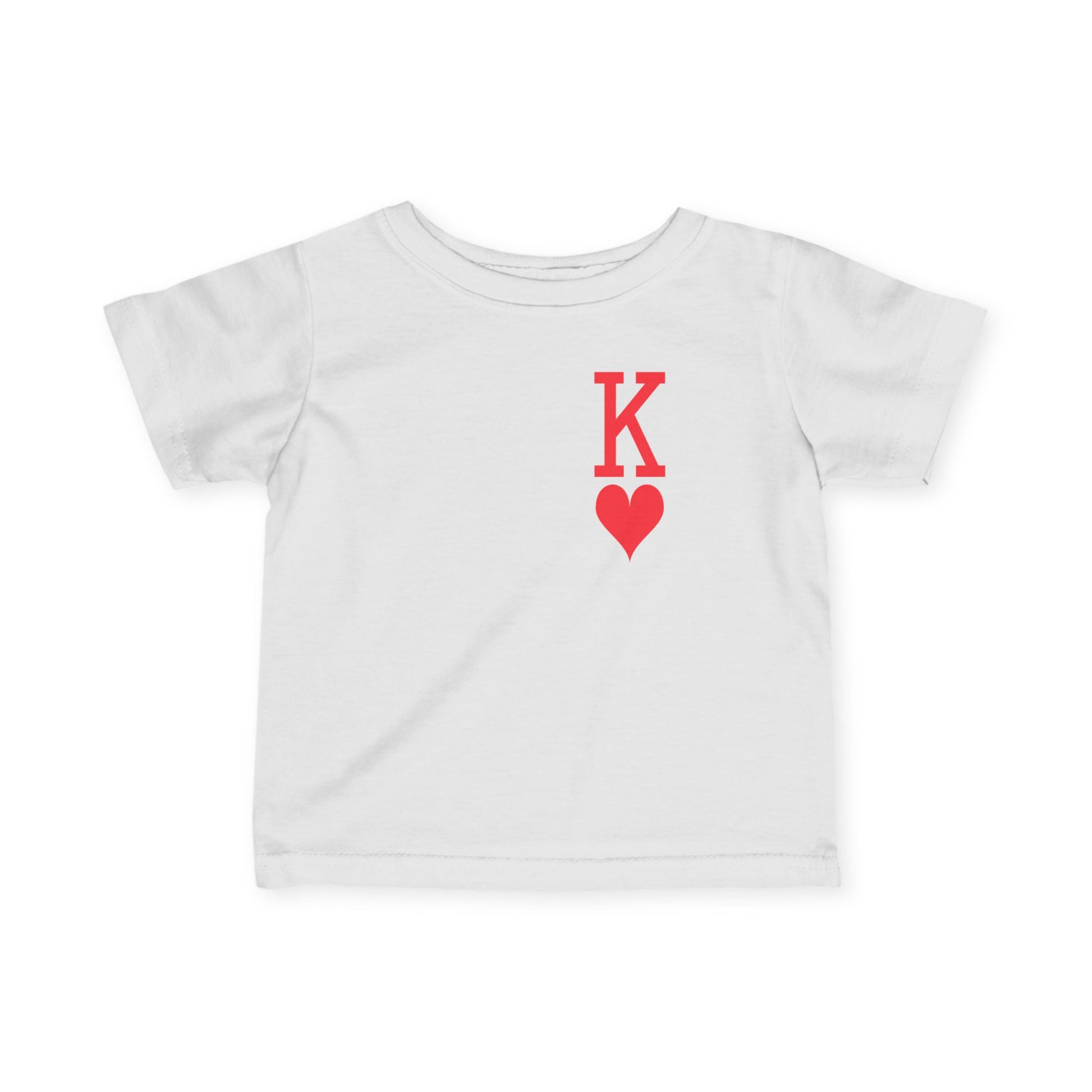 White t-shirt with a red heart and letter 'K' design on a white background