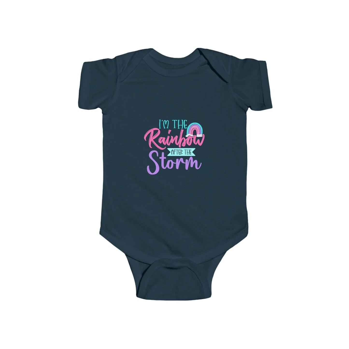 Navy blue baby onesie with colorful text design on a white background