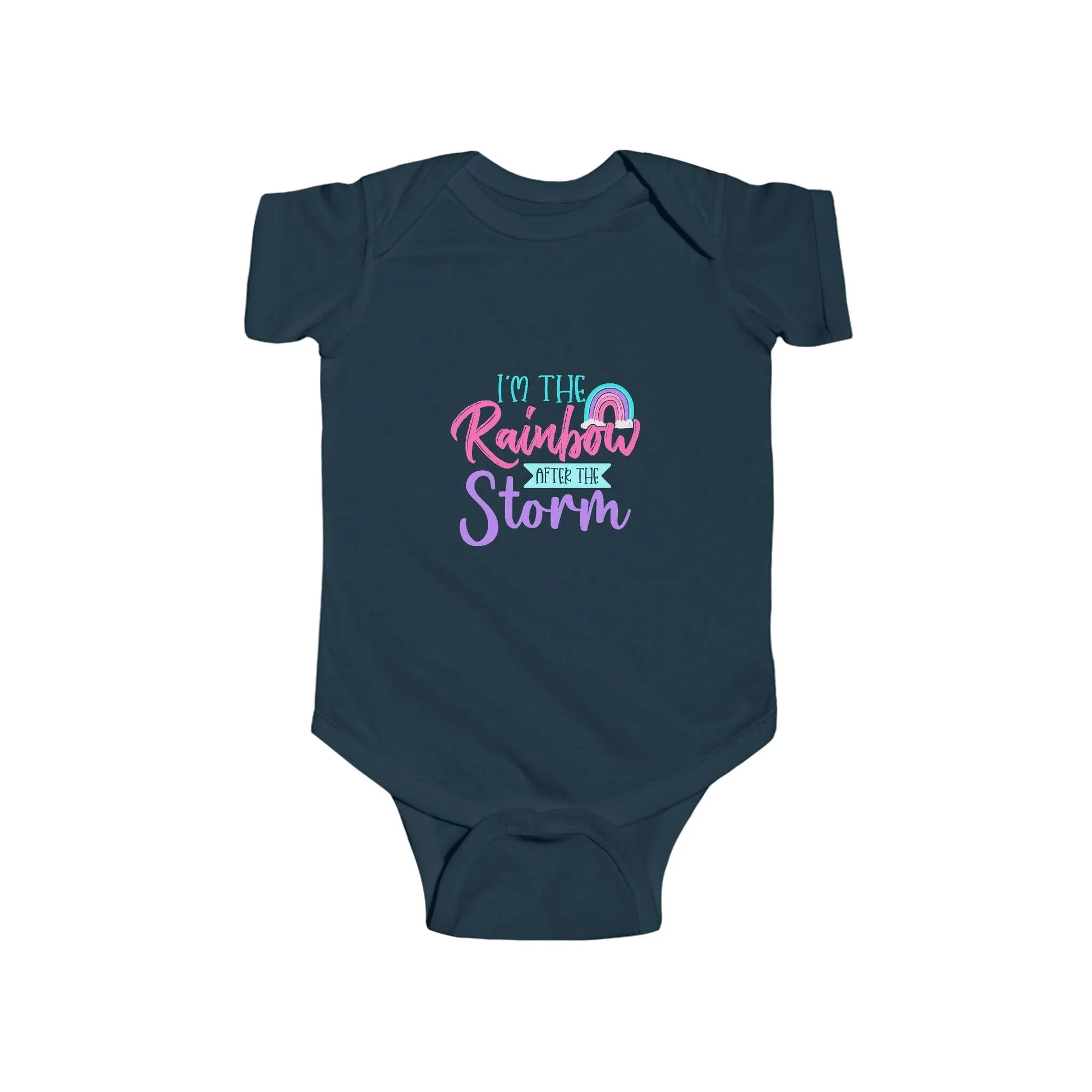 Navy blue baby onesie with colorful text design on a white background