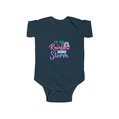 Navy blue baby onesie with colorful text design on a white background