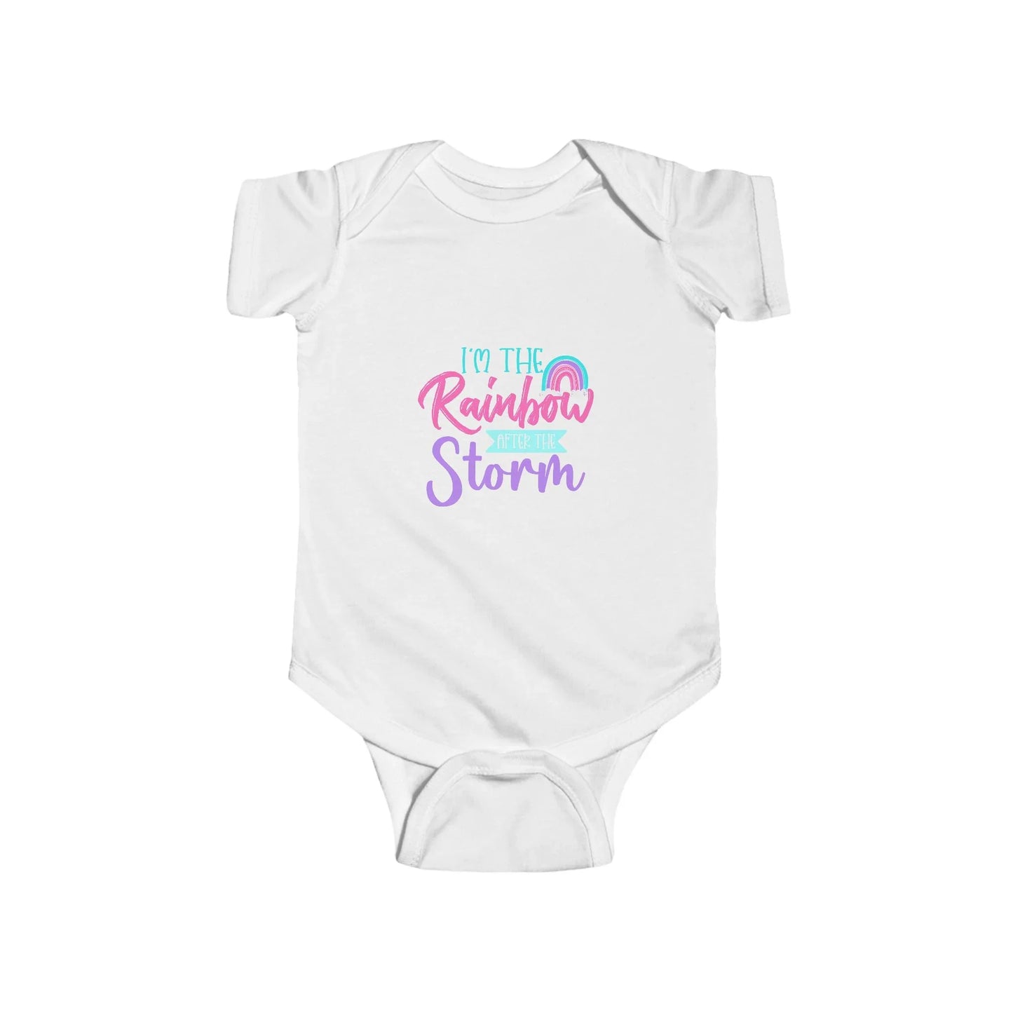 White baby onesie with colorful text on a white background