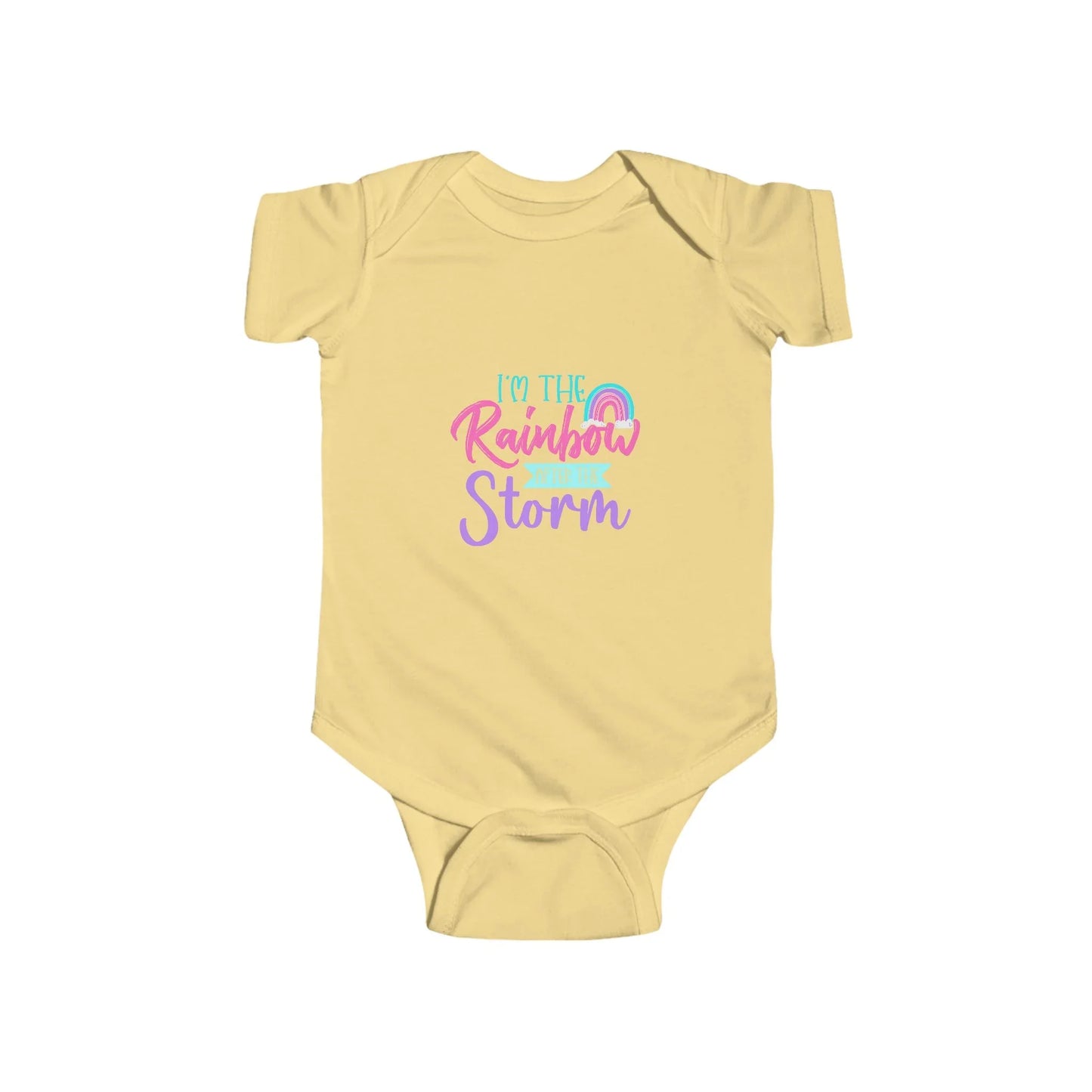 Yellow baby onesie with colorful text design on a white background