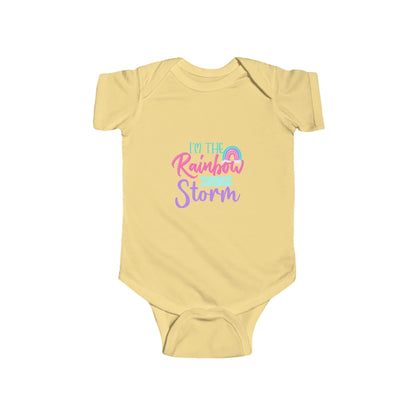 Yellow baby onesie with colorful text design on a white background