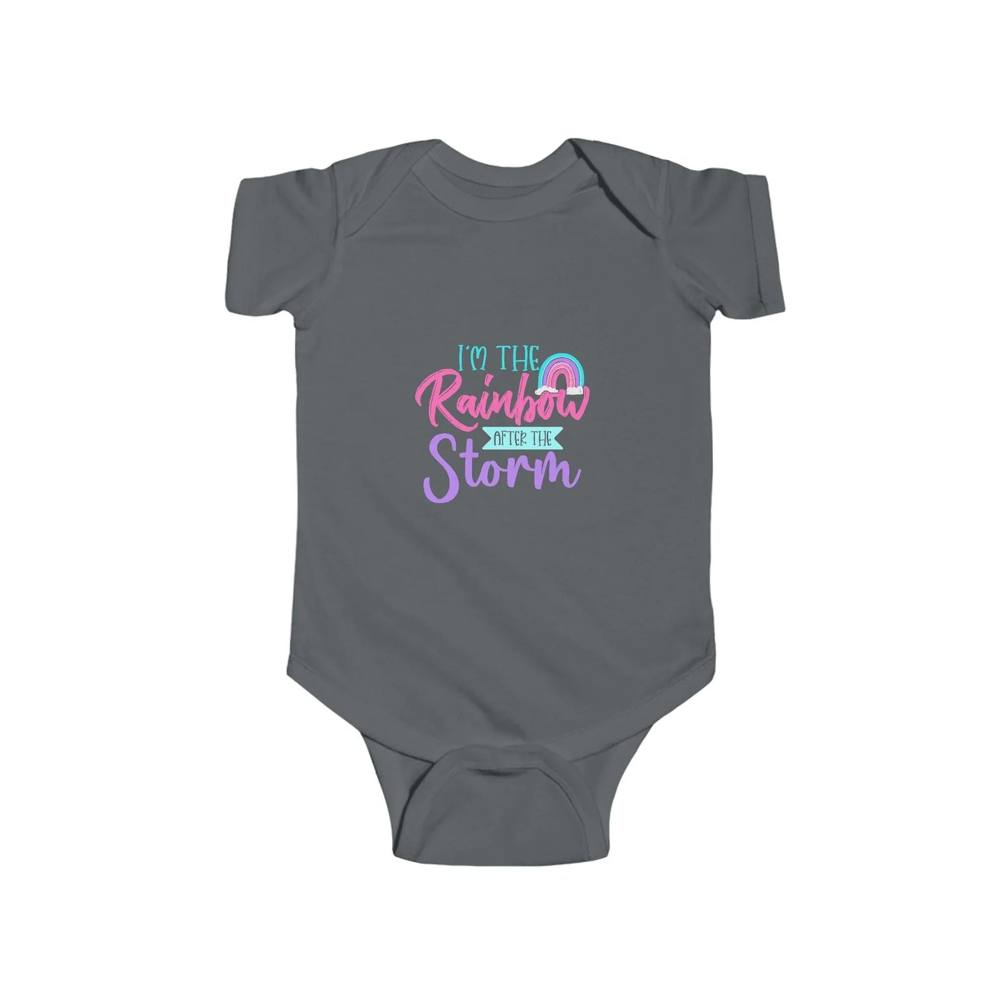 Gray baby onesie with colorful text design on a white background
