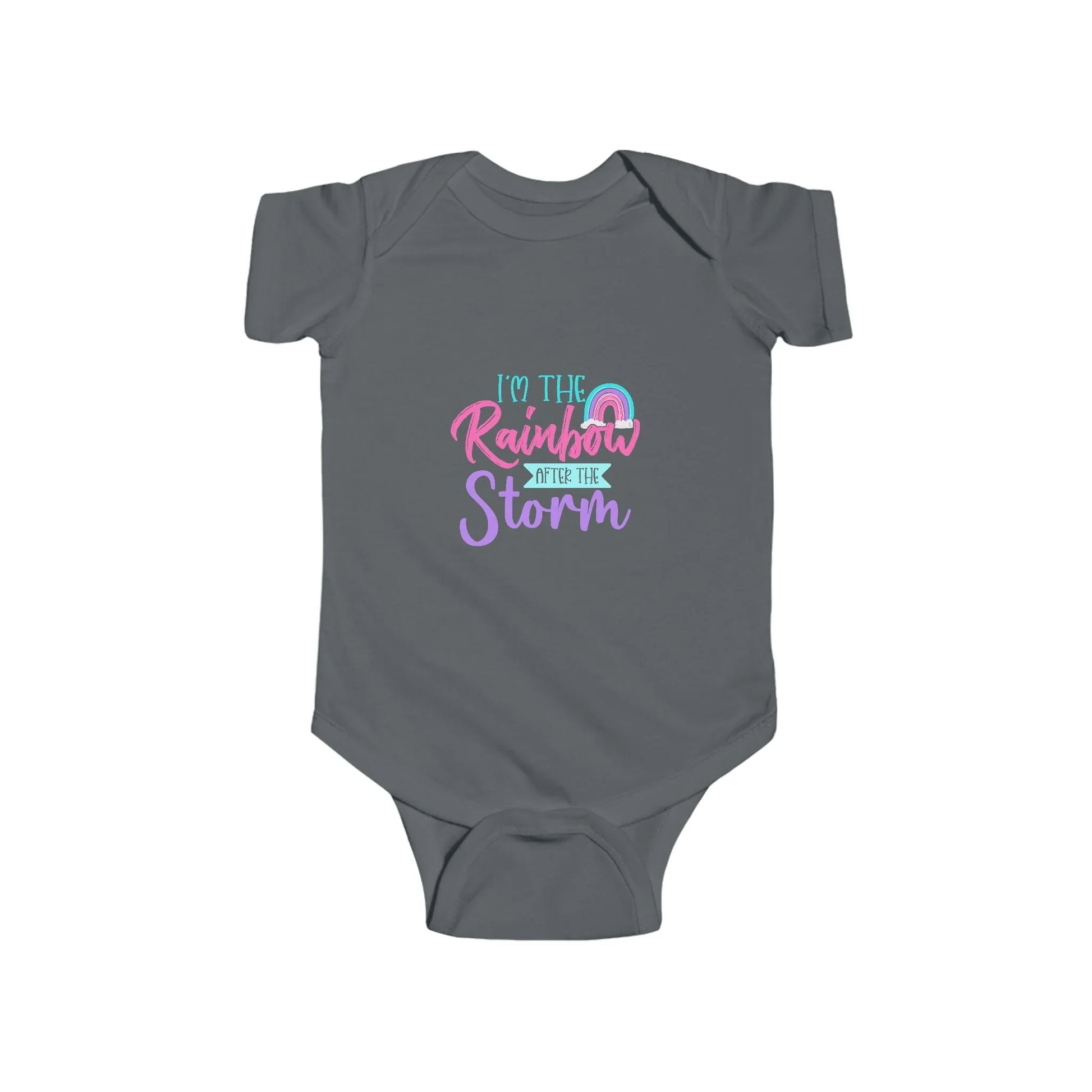 Gray baby onesie with colorful text design on a white background