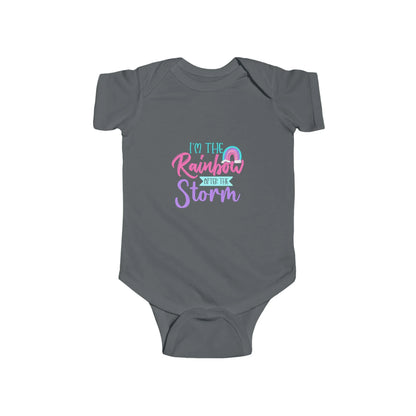Gray baby onesie with colorful text design on a white background