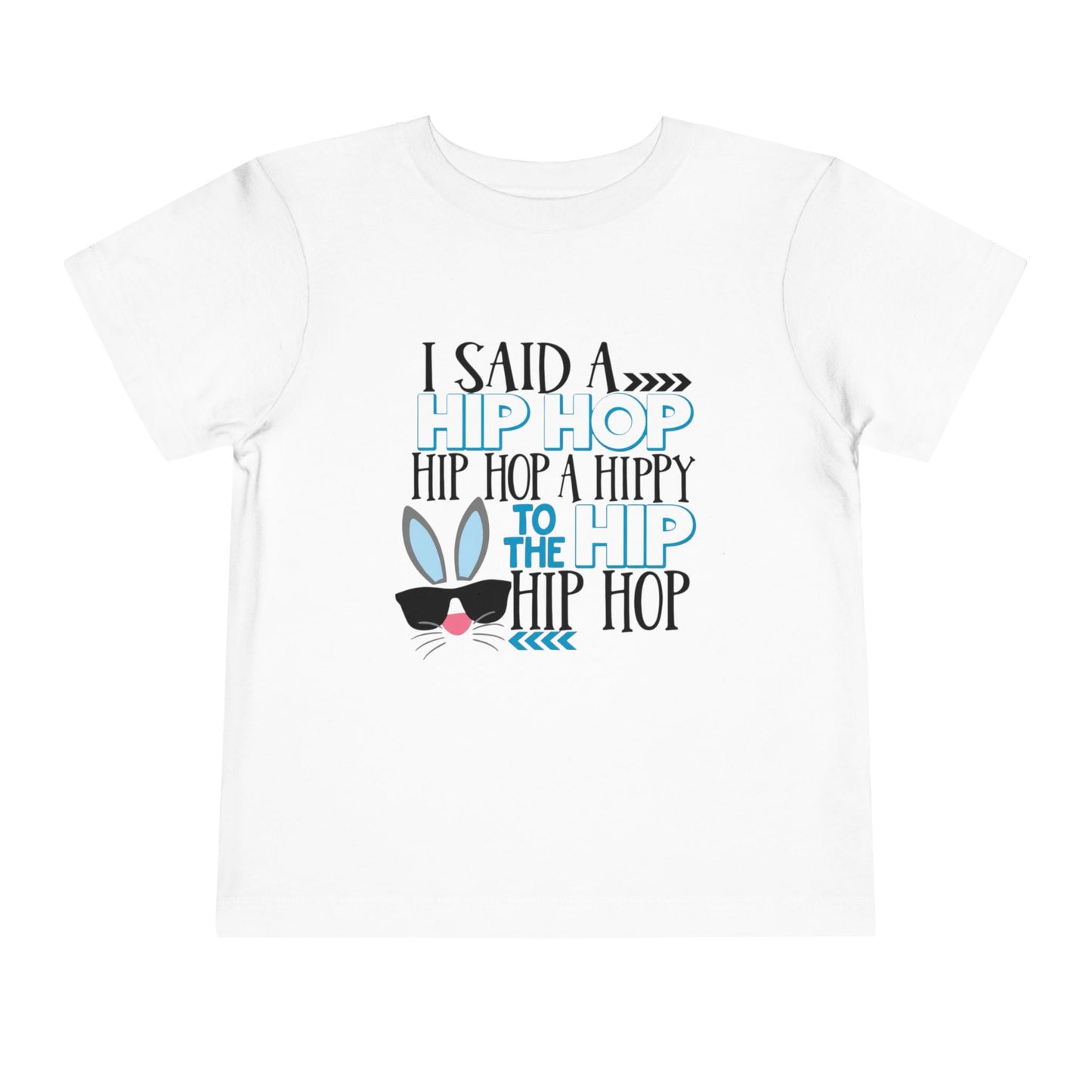White t-shirt with colorful text and graphic design on a white background