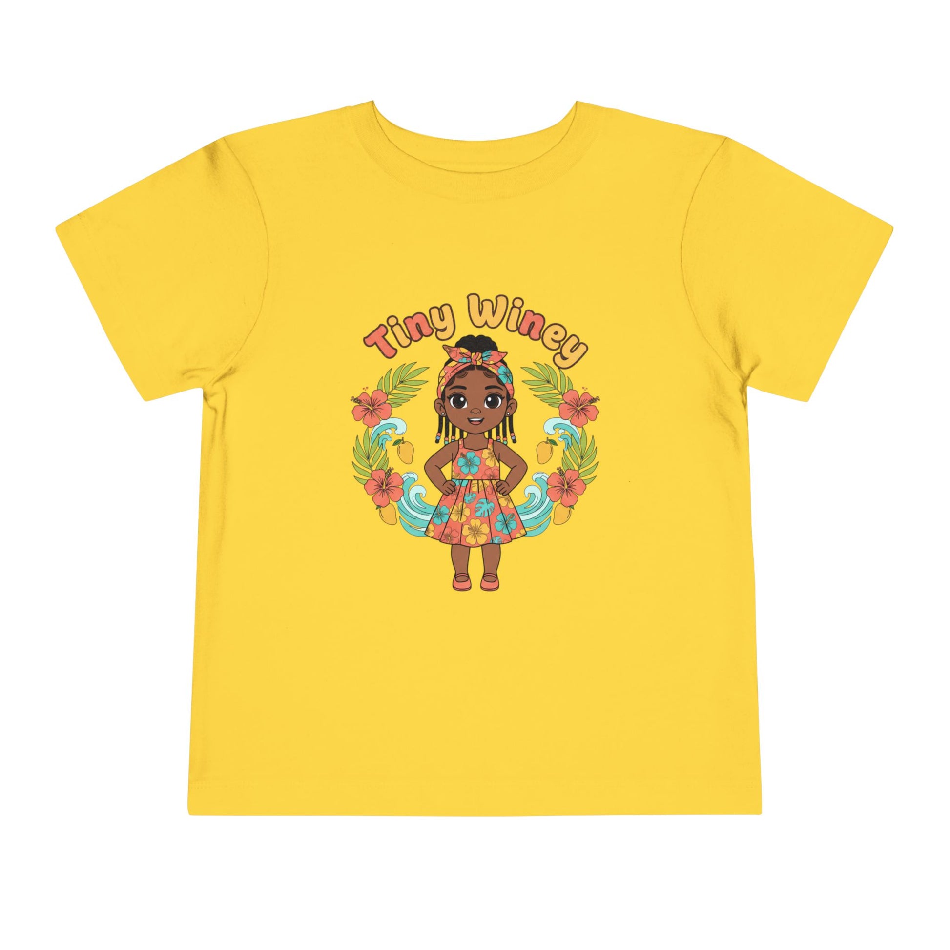 Yellow t-shirt with a colorful graphic of a girl and 'Tiny Winery' text on a white background