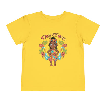 Yellow t-shirt with a colorful graphic of a girl and 'Tiny Winery' text on a white background