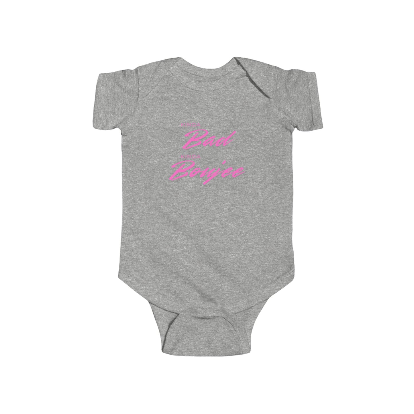 Gray baby onesie with pink text on a white background