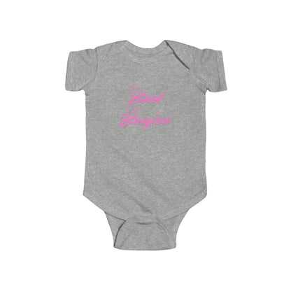 Gray baby onesie with pink text on a white background