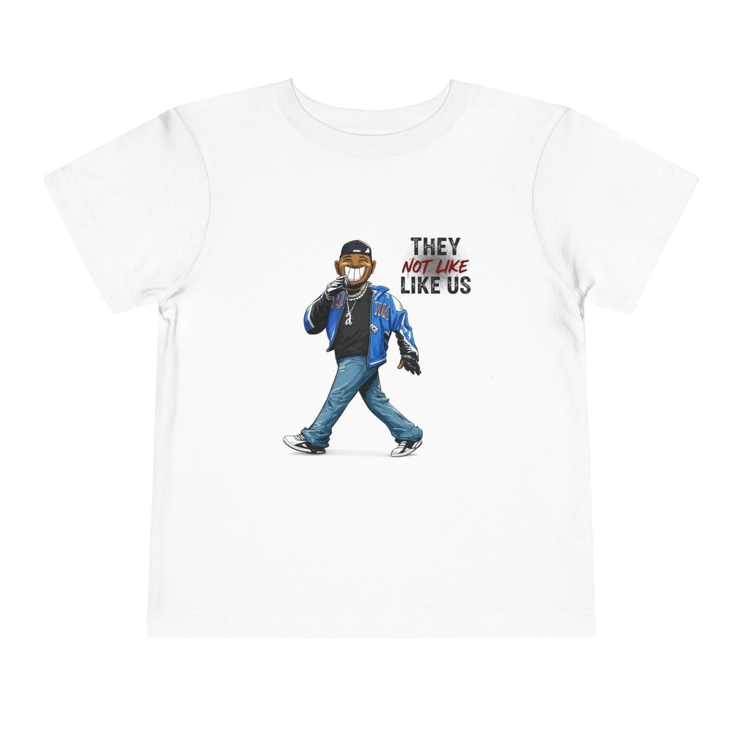 White t-shirt with a graphic of a person wearing a mask and text 'They Not Like Us' on a white background