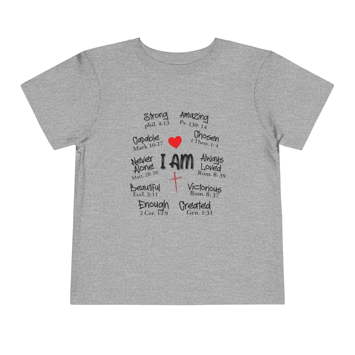 Gray t-shirt with motivational text and a red heart on a white background