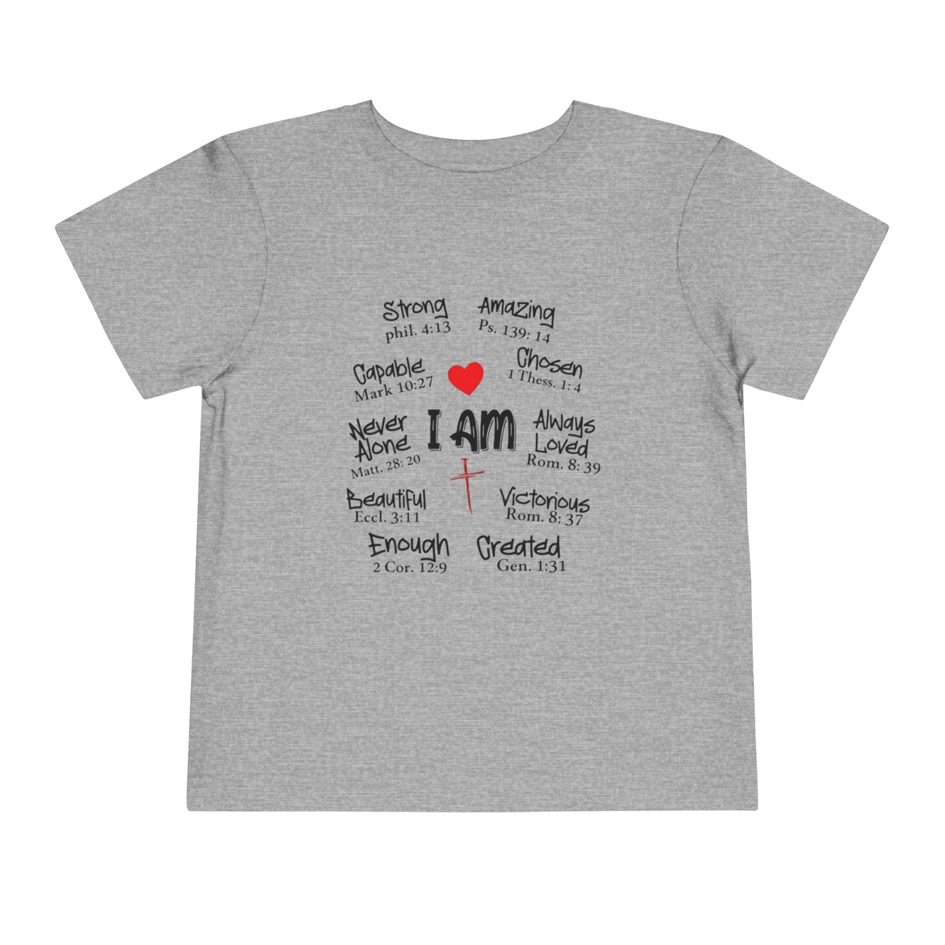 Gray t-shirt with motivational text and a red heart on a white background