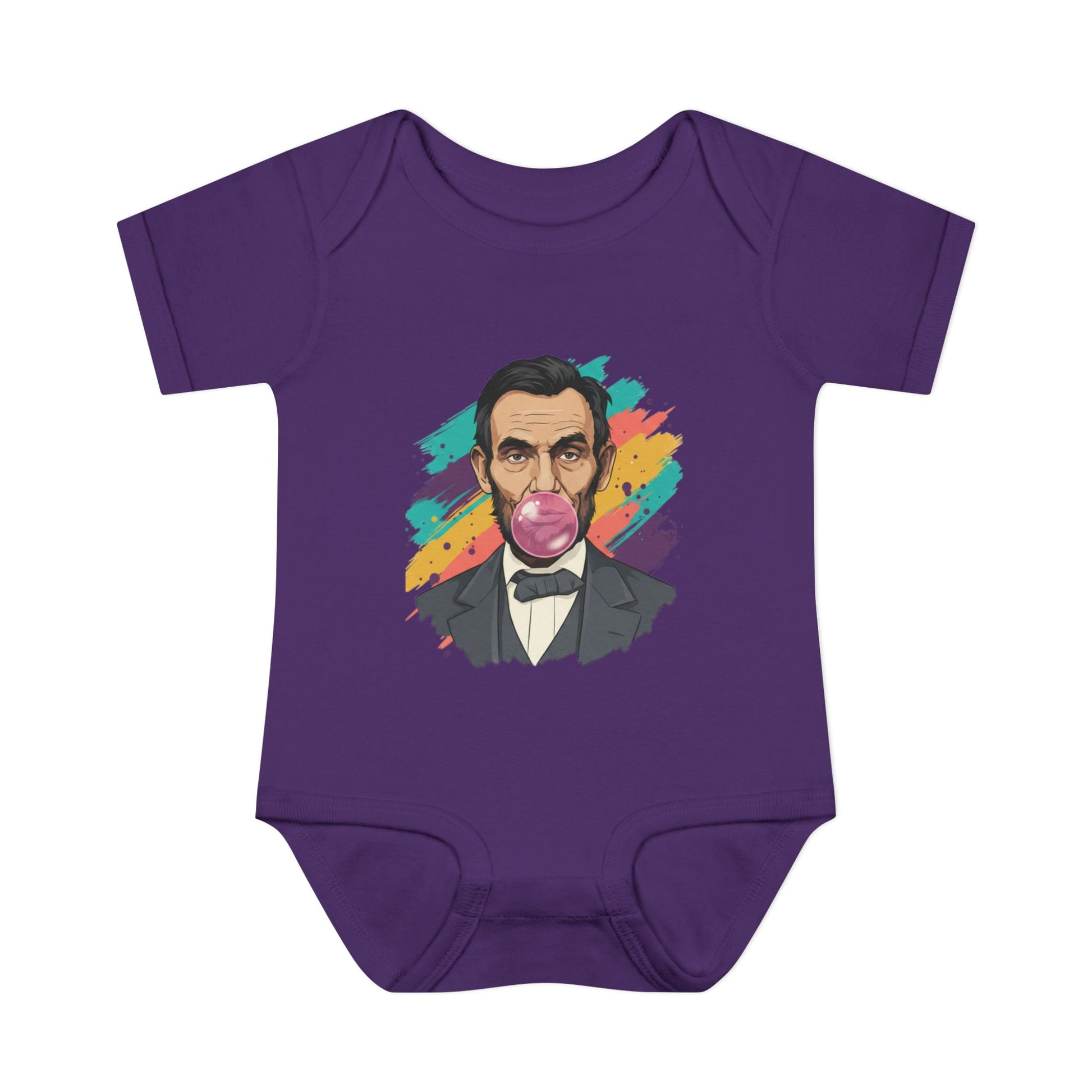 Purple baby onesie with a colorful graphic of a historical figure on a white background