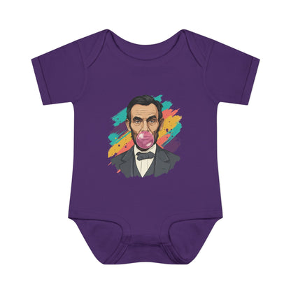 Purple baby onesie with a colorful graphic of a historical figure on a white background